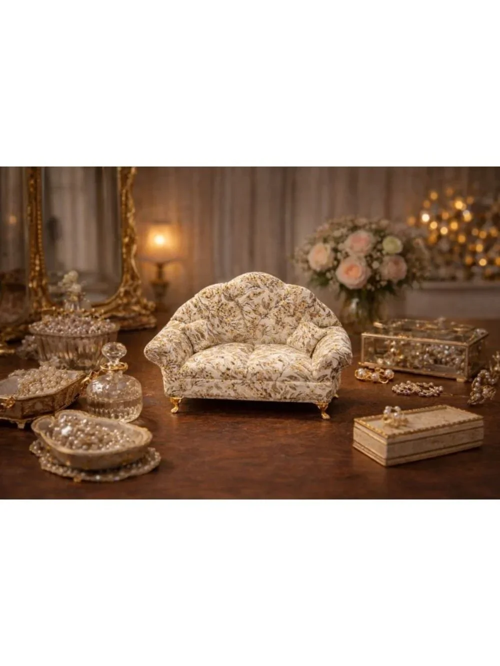 New Green & White Olive Floral Doll Sofa Jewelry Box Organizer Couch Jewelry Box